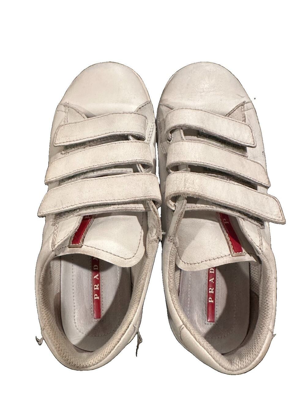 Vintage Prada Linea Rossa White Leather Triple Strap Sneakers 34 US 4 4.5